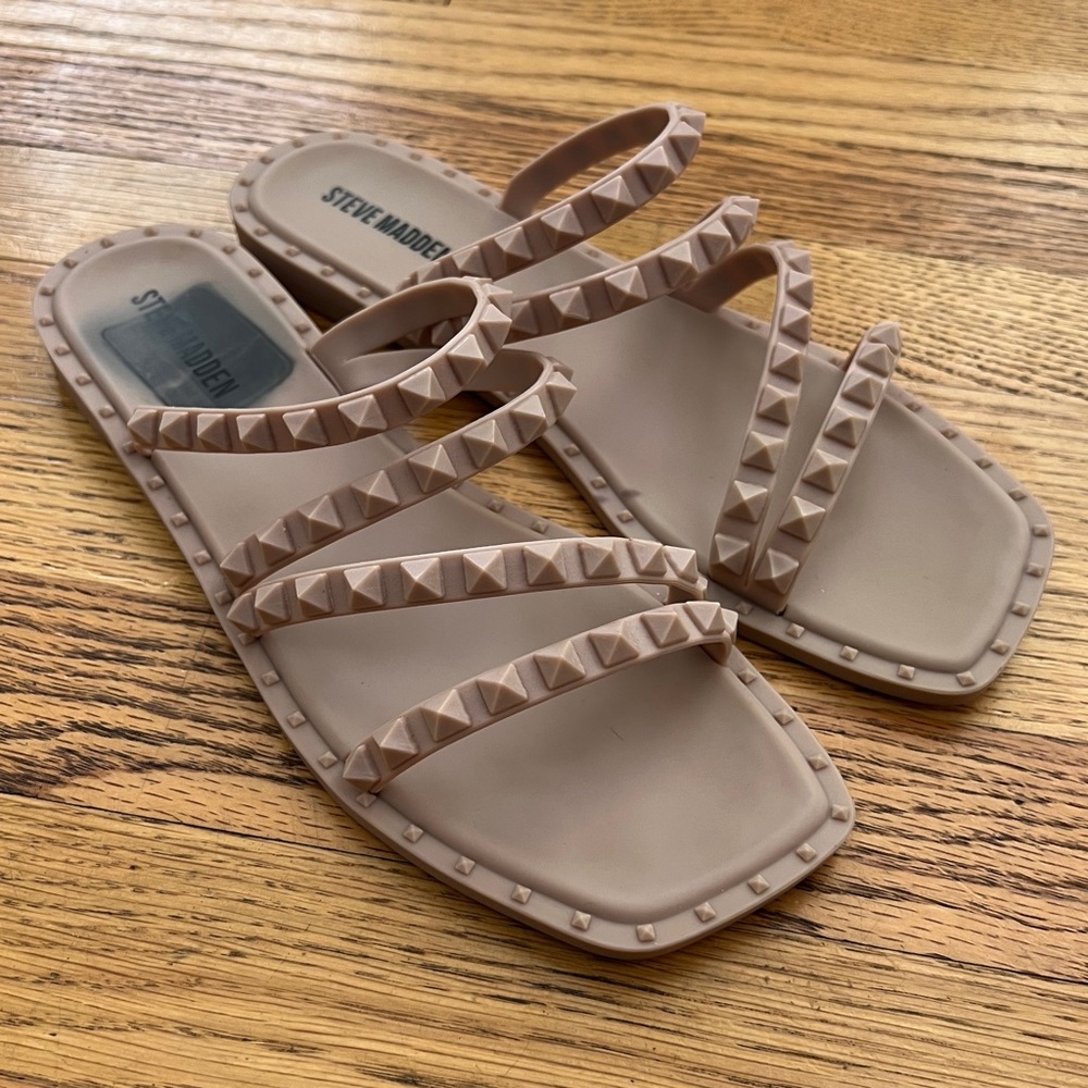 Modern Dusty Pink / Muted Peach Studded Flat Strappy Sandals